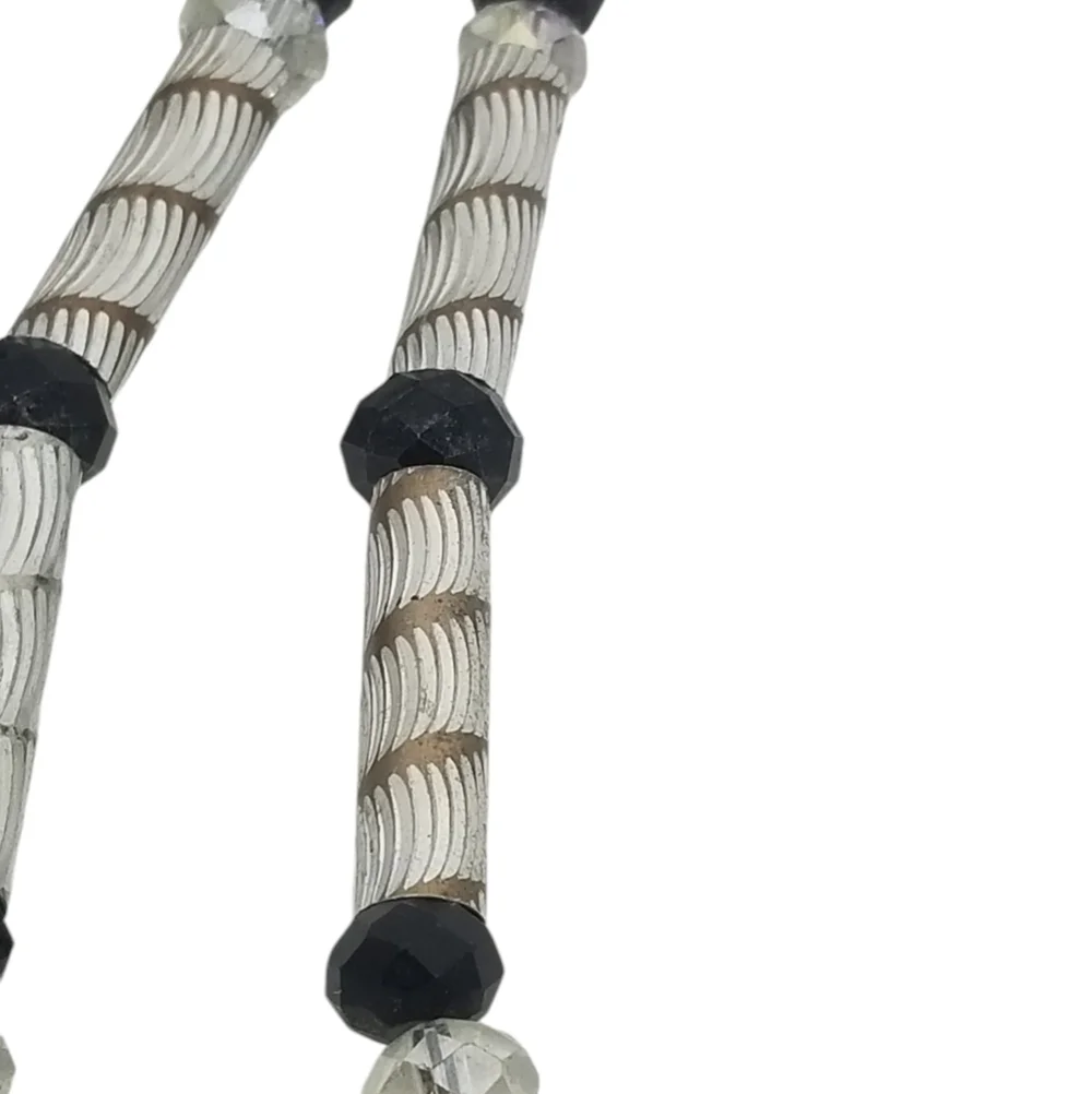 VINTAGE  BLACK & CRYSTAL GLASS BEAD & SILVERTONE SAINT PENDANTS ROSARY NECKLACE